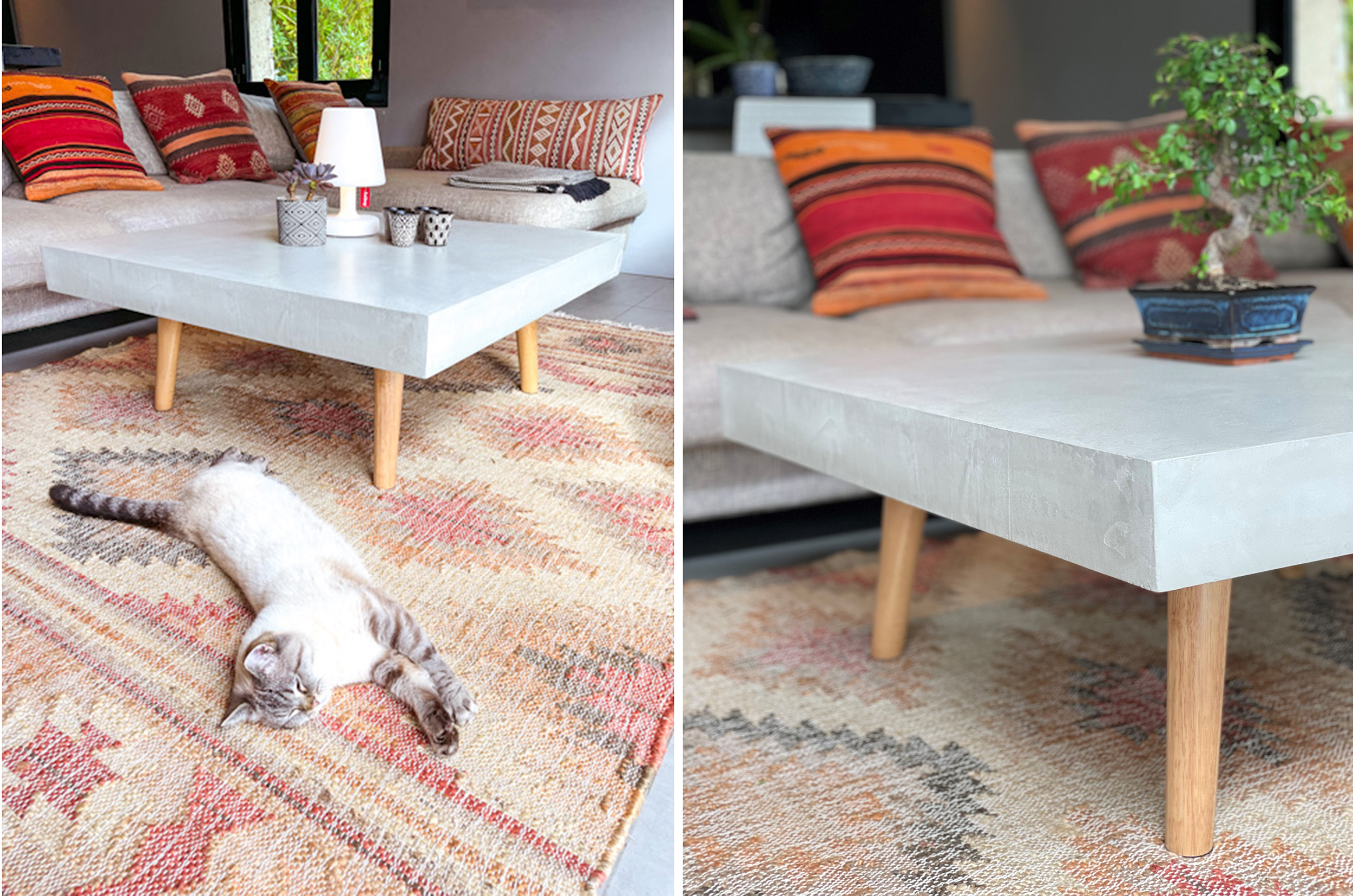 TABLE PIEDS BOIS GRP TABLE.BETON.CIRE.PLACE.DECO.PIEDS.BOIS