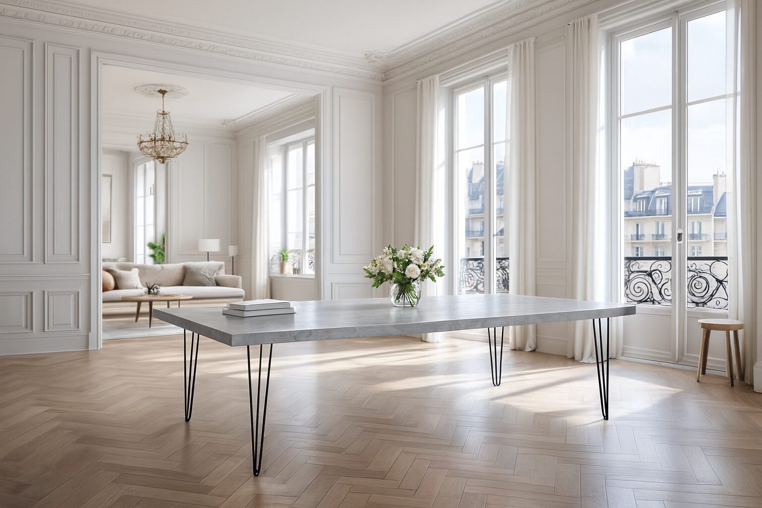 L’atelier Place est spécialisé dans la réalisation de mobilier sur mesure en béton ciré.<br />
Table béton ciré sur mesure<br />
