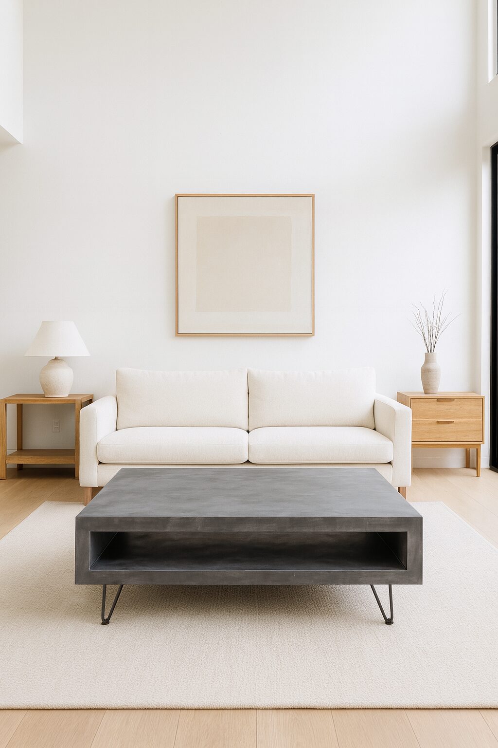 Ultra pratique et design déterminé pour ce meuble en niche.<br />
Proposé avec piètement en épingles acier<br />
Declinable en meuble tv ou meuble d’appoint<br />
Table basse béton ciré personnalisable<br />
