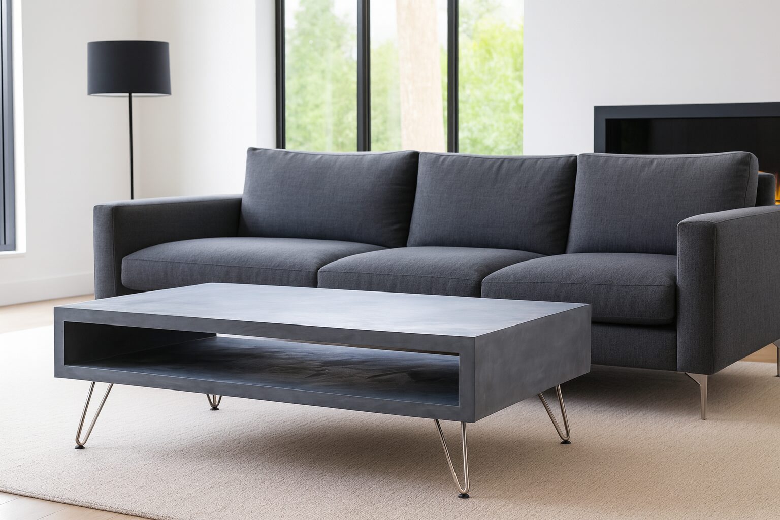 Ultra pratique et design déterminé pour ce meuble en niche. Proposé avec piètement en épingles acier Declinable en meuble tv ou meuble d’appoint Table basse béton ciré personnalisable