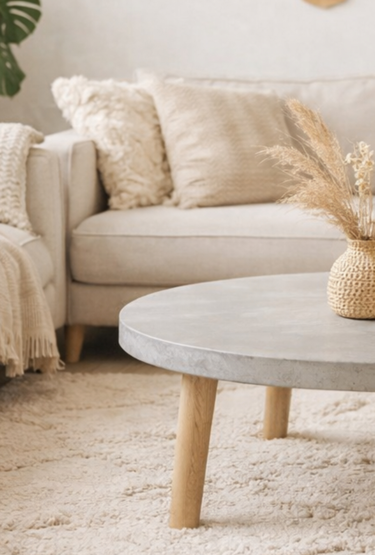 Plateau béton ciré rond reposant sur 4 pieds compas bois massif<br />
- Matière plateau : béton ciré<br />
- Protection : vernis polyuréthane anti tache mat<br />
- Poids : 25kg/m2 en 60mm - 20kg /m2 en 30 mm<br />
- Matière pieds : bois hêtre 