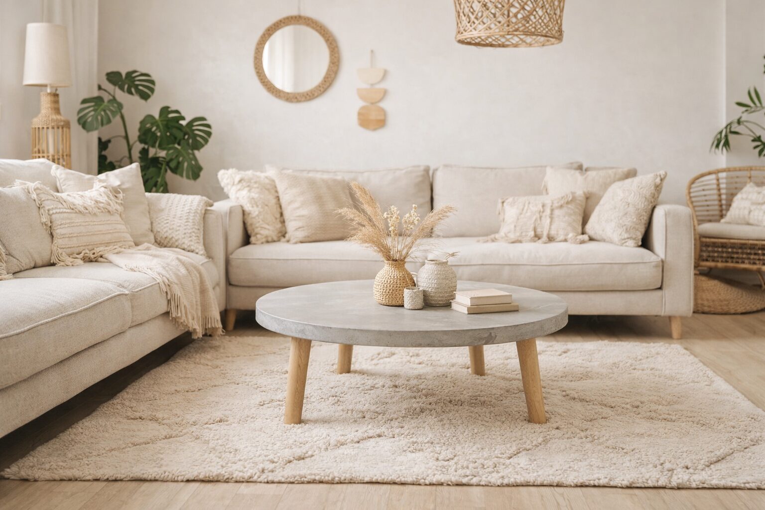 Plateau béton ciré rond reposant sur 4 pieds compas bois massif<br />
- Matière plateau : béton ciré<br />
- Protection : vernis polyuréthane anti tache mat<br />
- Poids : 25kg/m2 en 60mm - 20kg /m2 en 30 mm<br />
- Matière pieds : bois hêtre 