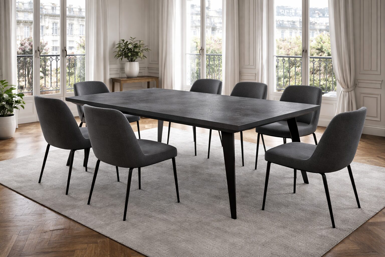 Table béton ciré réalisée entièrement à la main et personnalisable.</p>
<p>Caractéristiques :<br />
Plateau béton ciré reposant sur 4 pieds acier inclinés<br />
Matière pieds : acier noir (réalisé en France)