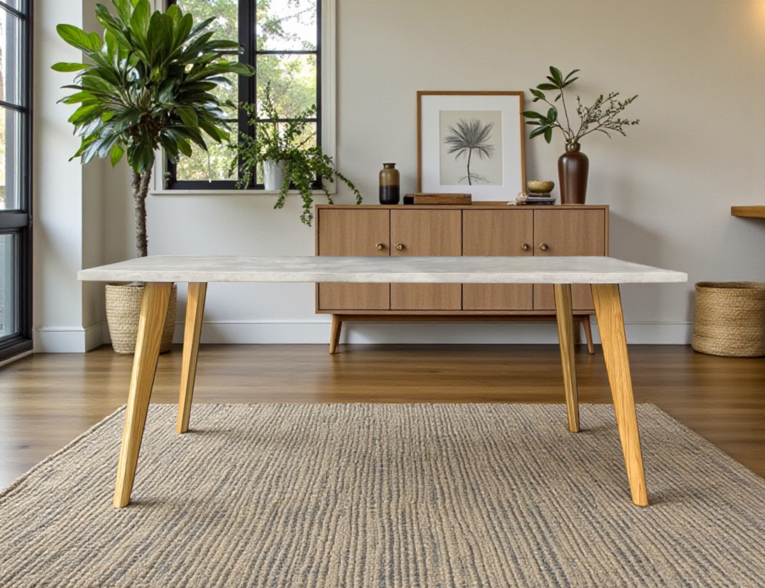 Table béton ciré réalisée entièrement à la main et personnalisable. Caractéristiques : Plateau béton ciré reposant sur 4 pieds acier inclinés Matière pieds : acier noir (réalisé en France)