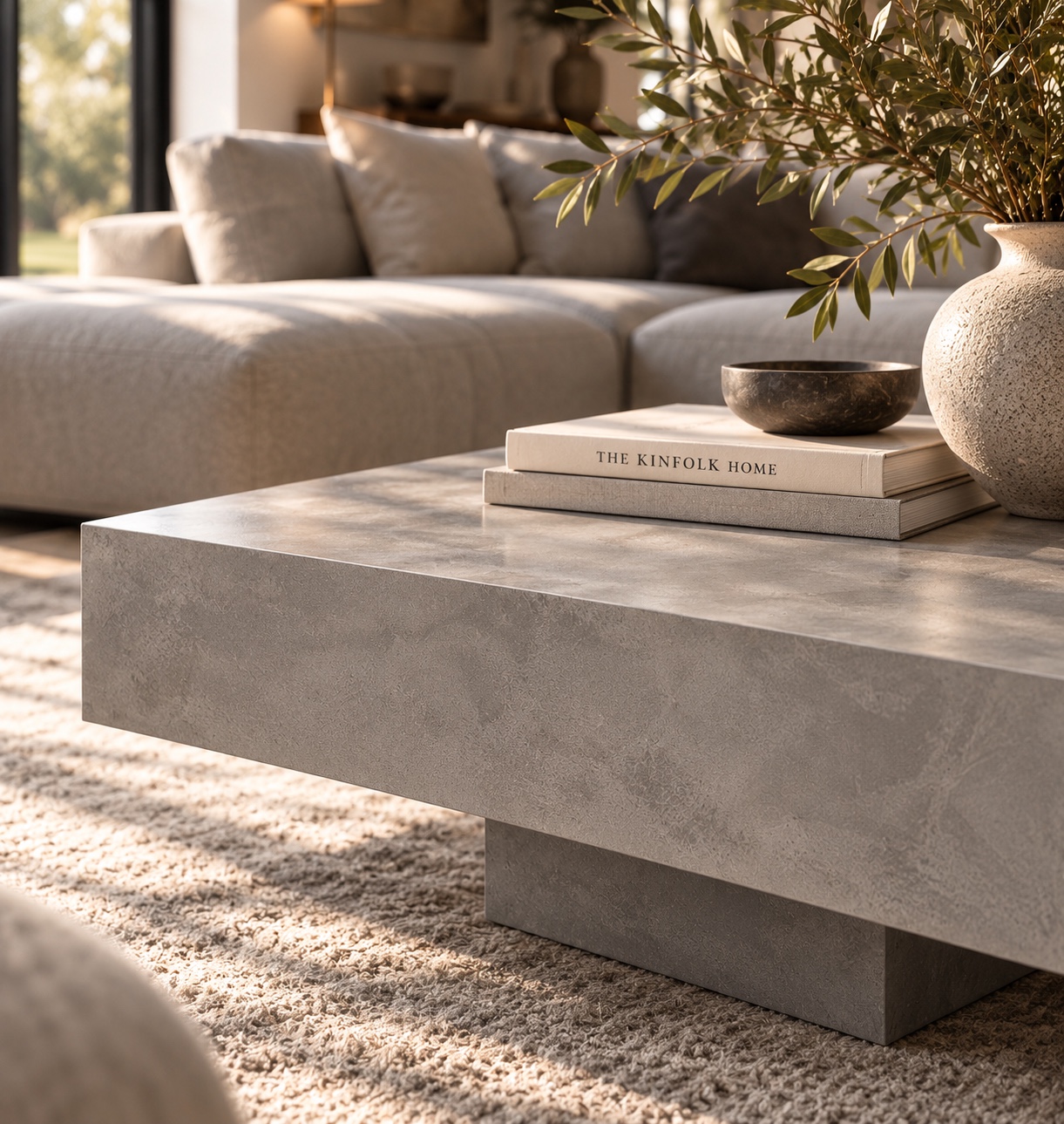 Table basse en béton ciré sur pied central — détail du plateau