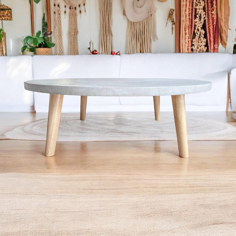 Table basse béton ciré ronde pieds compas bois – Image 8