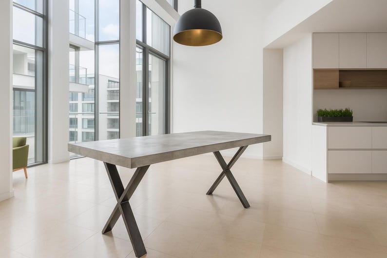 Table béton ciré pieds acier X – Image 4