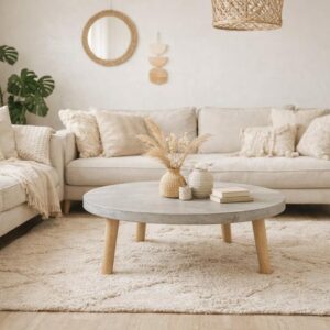Table basse béton ciré ronde pieds compas bois