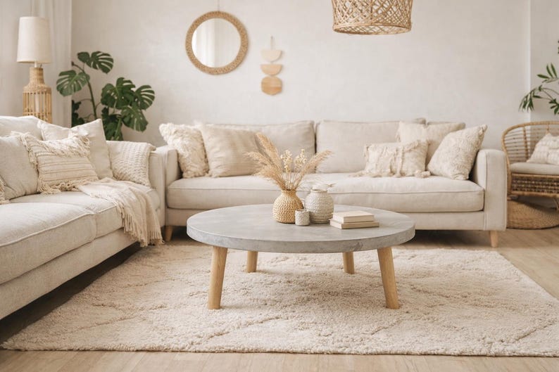 Table basse béton ciré ronde pieds compas bois