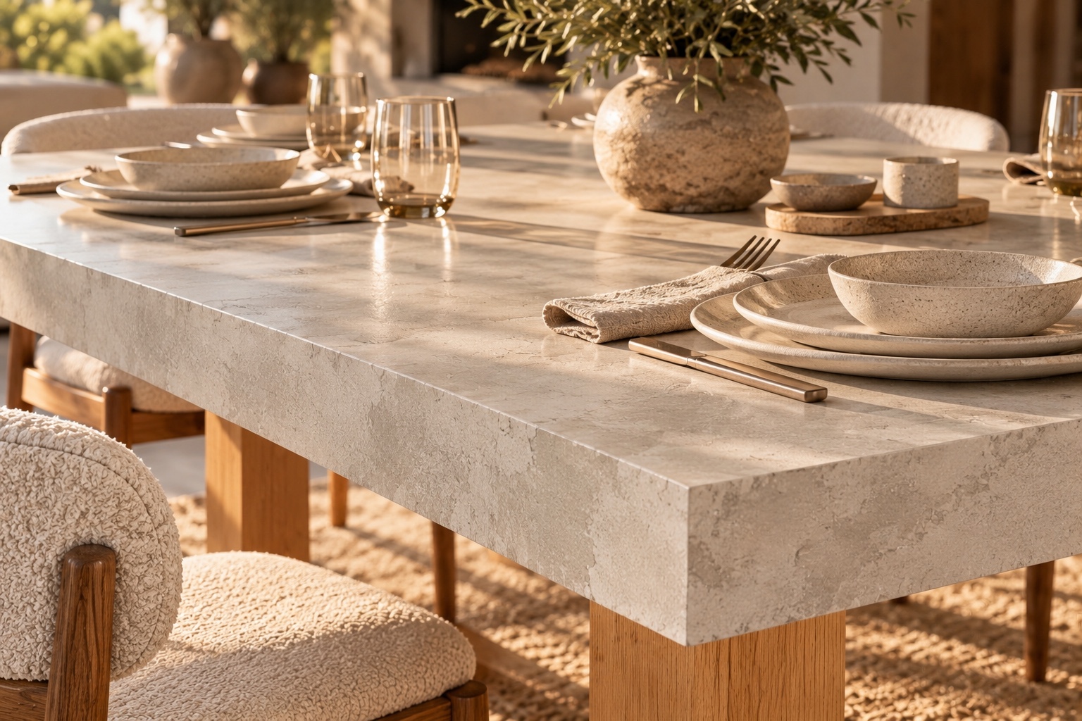 Détail du plateau de la table en béton ciré sur pieds en U bois