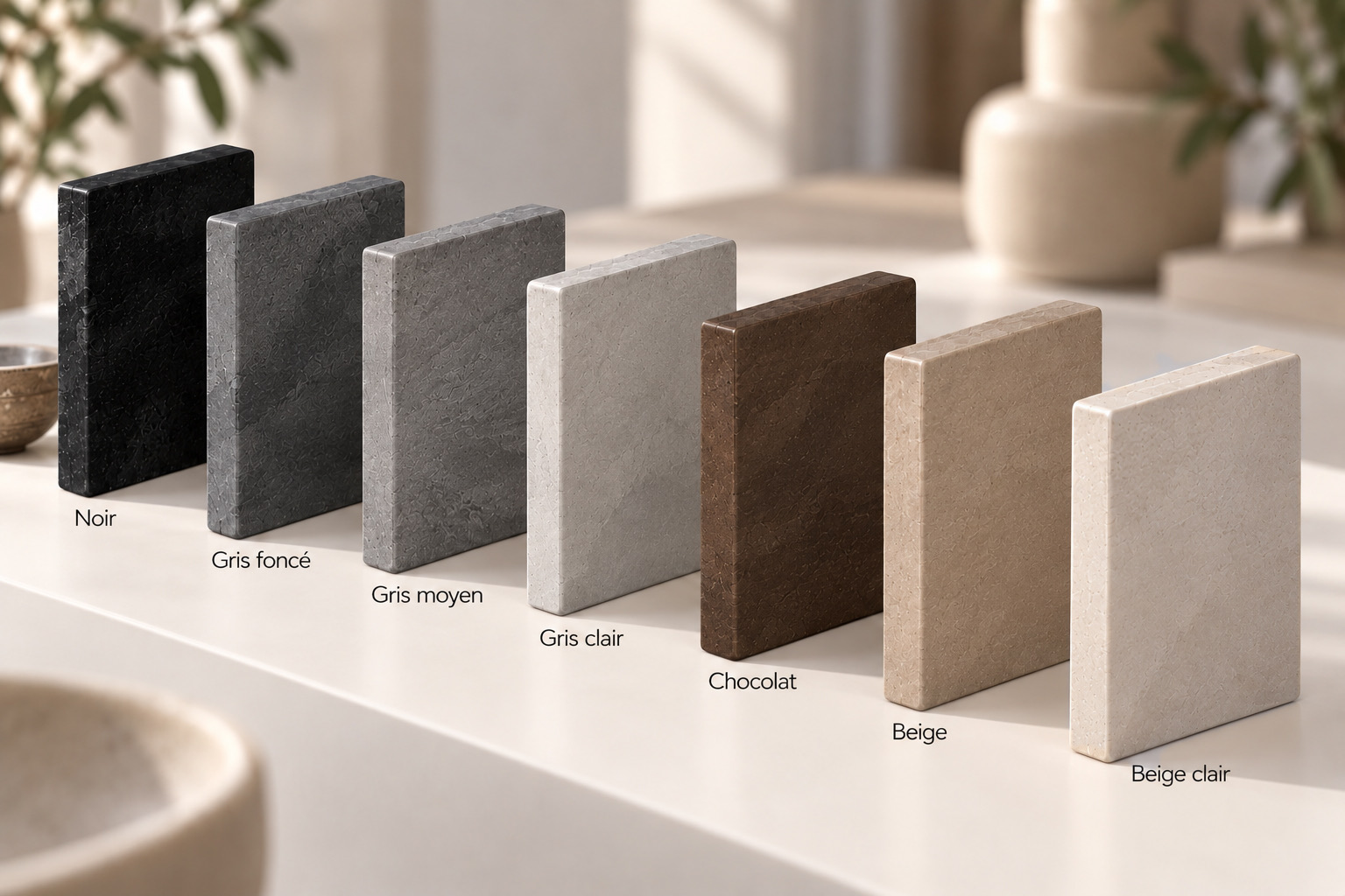 Nuancier béton ciré : noir, gris foncé, gris moyen, gris clair, chocolat, beige et beige clair