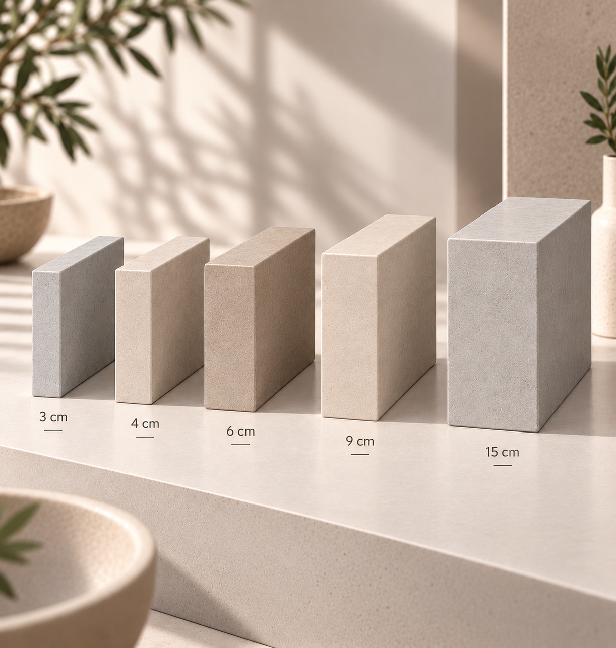 Épaisseurs des plateaux béton ciré : 3, 4, 6, 9 et 15 cm