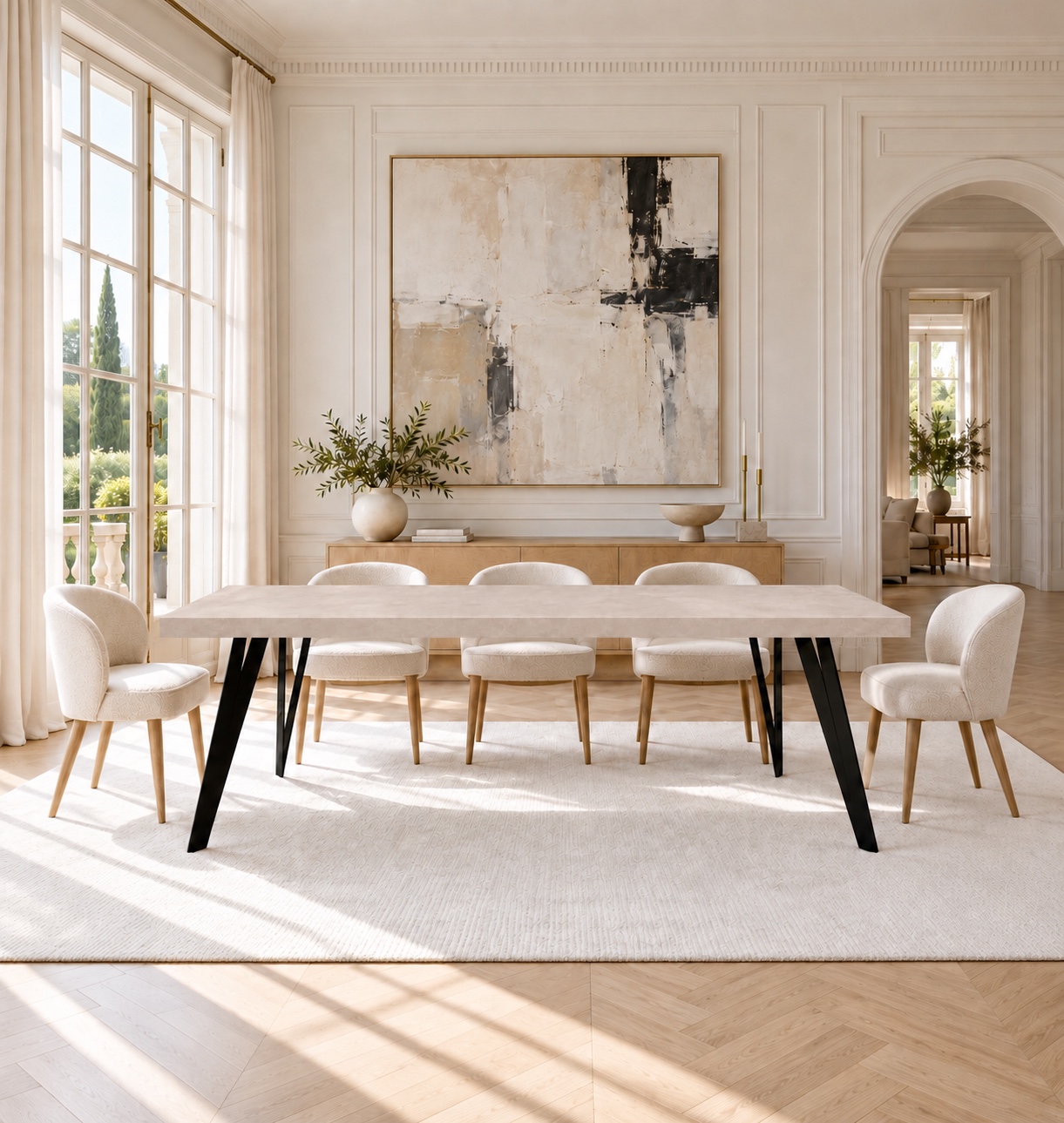 Table en béton ciré beige sur pieds cavaliers dans un appartement haussmannien