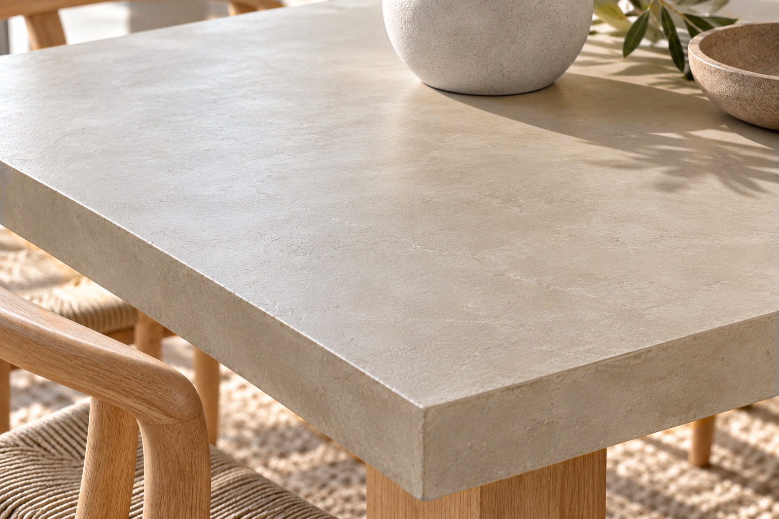 Détail du plateau de la table en béton ciré sur pieds en U bois
