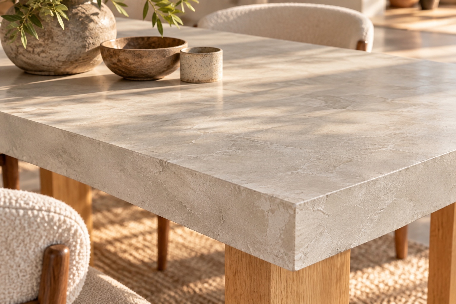 Détail du plateau de la table en béton ciré sur pieds en U bois