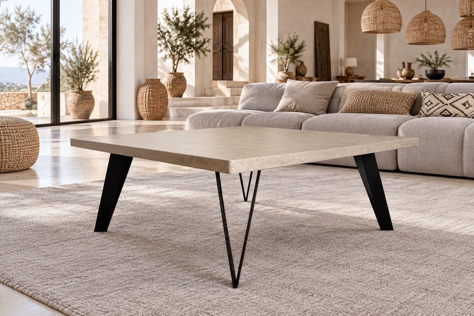Table basse béton ciré beige pieds Cavalier dans un salon méditerranéen